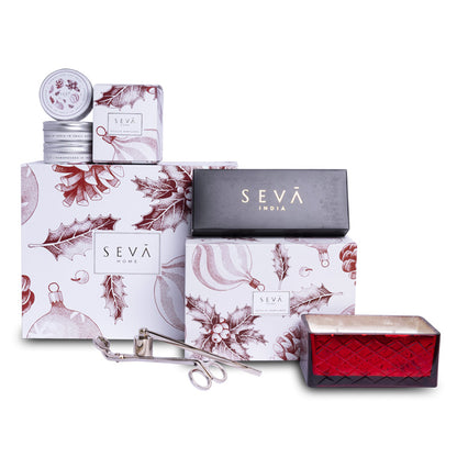 Holly Jolly Ornament Print Hamper - ( Ruby Jewel Candle, Candle Care Kit and Travel Set of 3)