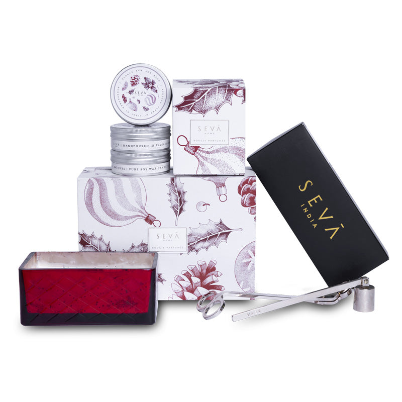 Holly Jolly Ornament Print Hamper - ( Ruby Jewel Candle, Candle Care Kit and Travel Set of 3)